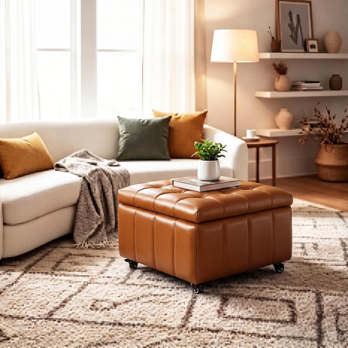 Square Leather Ottoman with Storage and Wheels,360°Rolling ottoman,Faux Leather Flip Top Storage Footstool Coffee Table, Rolling Upholstered Storage Ottoman for Living Room Entryway Bedroom (Brown)