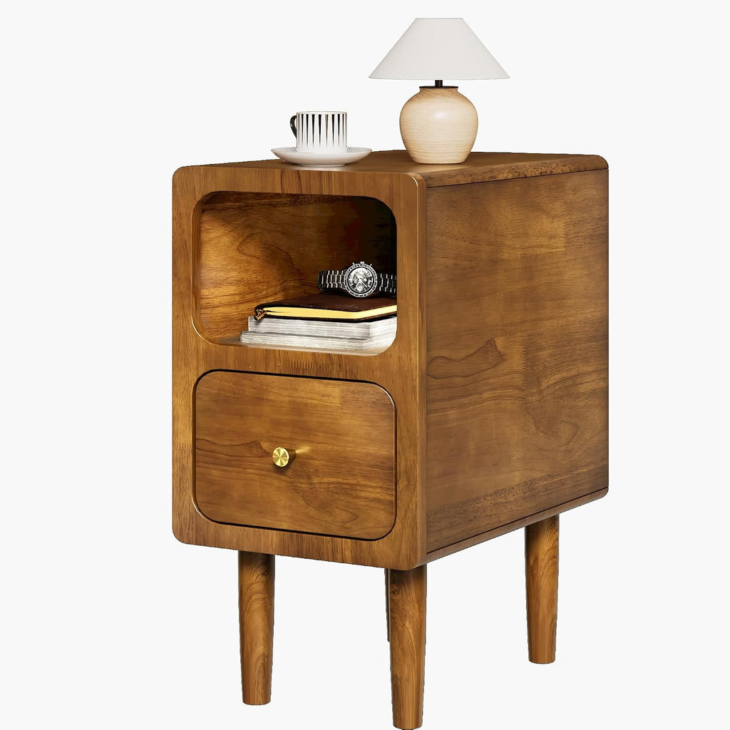 Narrow Nightstand, Solid Wood Night Stand with Drawers, Walnut Mid Century Modern Nightstand, Small Bedside Table with Open Storage Shelf for Bedroom (12 Inch)
