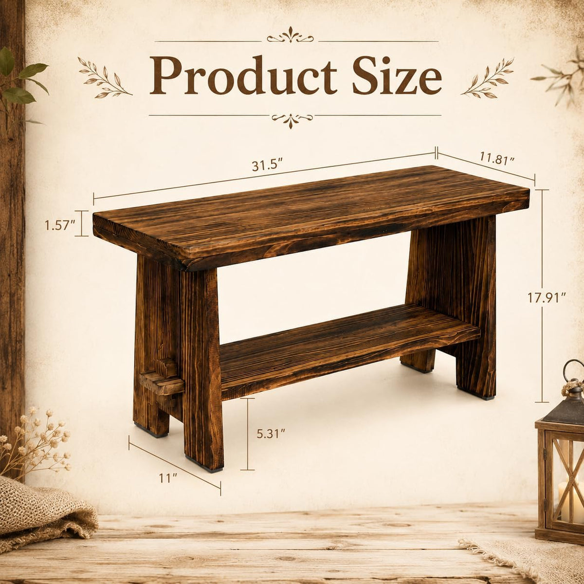 31.5" Solid Wood Entryway Bench, Farmhouse Rustic Storage Bench for Small Spaces, Narrow Indoor Bench Seat for Hallway, Living Room, Dining Room & Mudroom, Mortise-and-Tenon Base, Rustic Brown