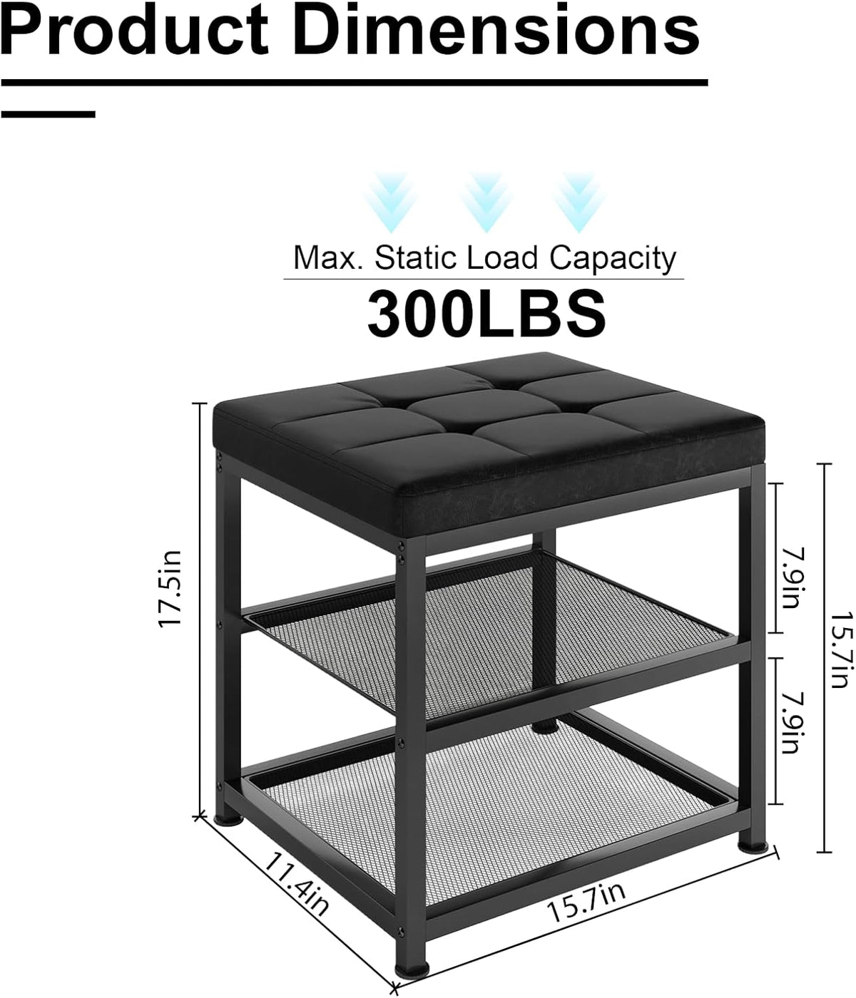 Small Shoe Storage Bench with PU Leather Seat Cushion, 3-Tier Freestanding Shoe Rack Organizer for Entryway, Heavy-Duty Metal Mesh Shelves, Supports Up to 300 lbs, Black (15.7"x11.4"x17.5")