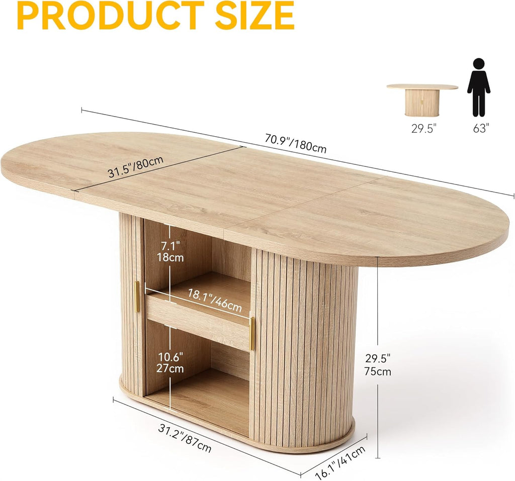 DWVO 70.9" Oval Dining Table for 6-8, Modern T-Shaped Kitchen Table with Storage Shelves & Pedestal Base, Multi-Purpose Dinner & Office Table, Light Oak