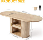 DWVO 70.9" Oval Dining Table for 6-8, Modern T-Shaped Kitchen Table with Storage Shelves & Pedestal Base, Multi-Purpose Dinner & Office Table, Light Oak
