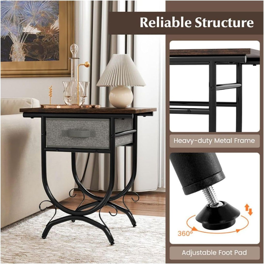 Side Table with Fabric Drawer & Metal Frame - Living Room, Bedroom - Black & Gray - 19" x 14" x 21"
