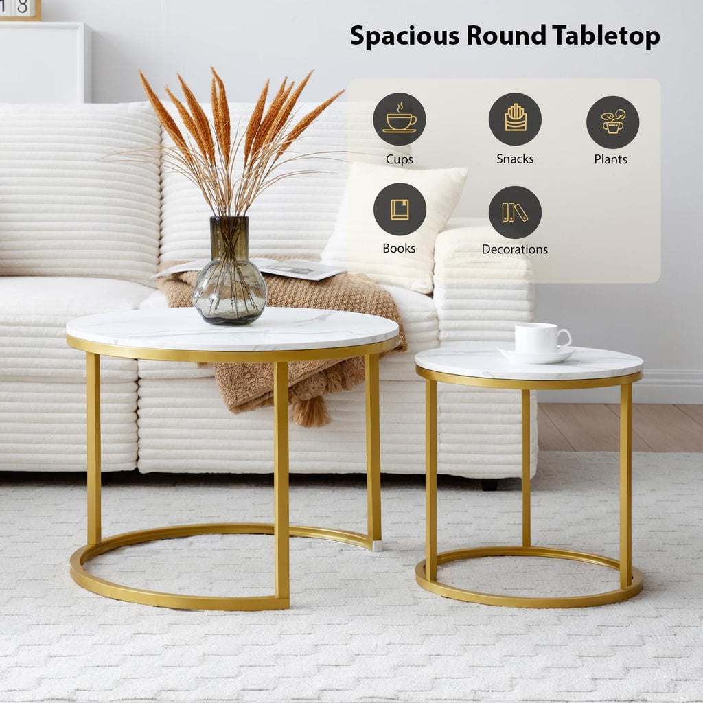 Nesting Coffee Table Set of 2, Round Coffee Table w/Marble Pattern Top, Modern Living Room Table with Sturdy Metal Frame, Industrial End Table Side Tables for Small Space Apartment (White)
