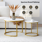 Nesting Coffee Table Set of 2, Round Coffee Table w/Marble Pattern Top, Modern Living Room Table with Sturdy Metal Frame, Industrial End Table Side Tables for Small Space Apartment (White)