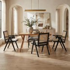 Hyfirm Rattan Dining Chairs Set of 4, Farmhouse Wicker Dining Chairs with Removable Linen Upholstered Seat Accent Cane Armchairs for Dining Room Kitchen Restaurant, Black Wood