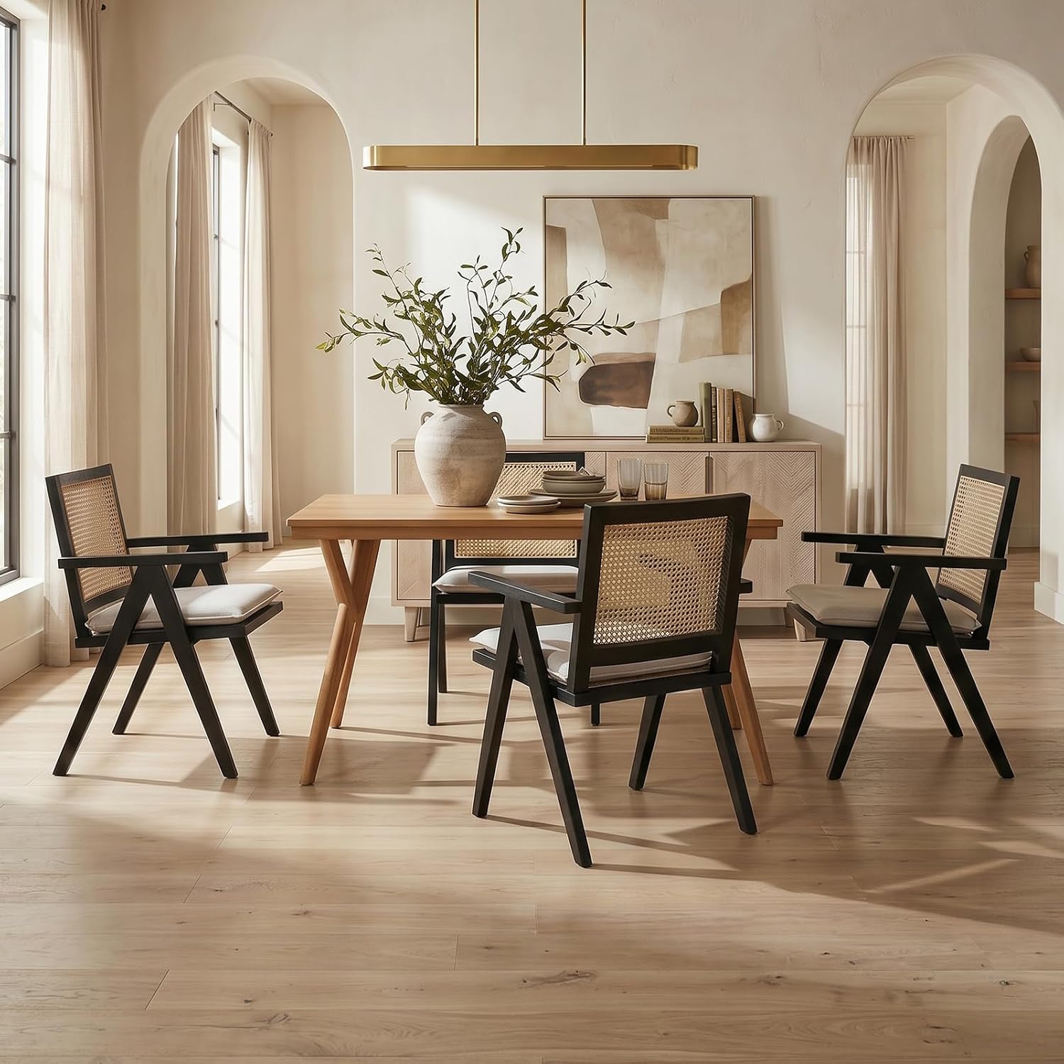 Hyfirm Rattan Dining Chairs Set of 4, Farmhouse Wicker Dining Chairs with Removable Linen Upholstered Seat Accent Cane Armchairs for Dining Room Kitchen Restaurant, Black Wood