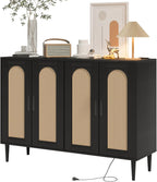 Patikuin Rattan Sideboard Buffet Cabinet, Boho Accent Storage Cabinet, 4 Doors Console Table Coffee Bar with Power Outlet, Adjustable Shelves for Kitchen, Dining Room, Hallway, Living Room (Black_2)