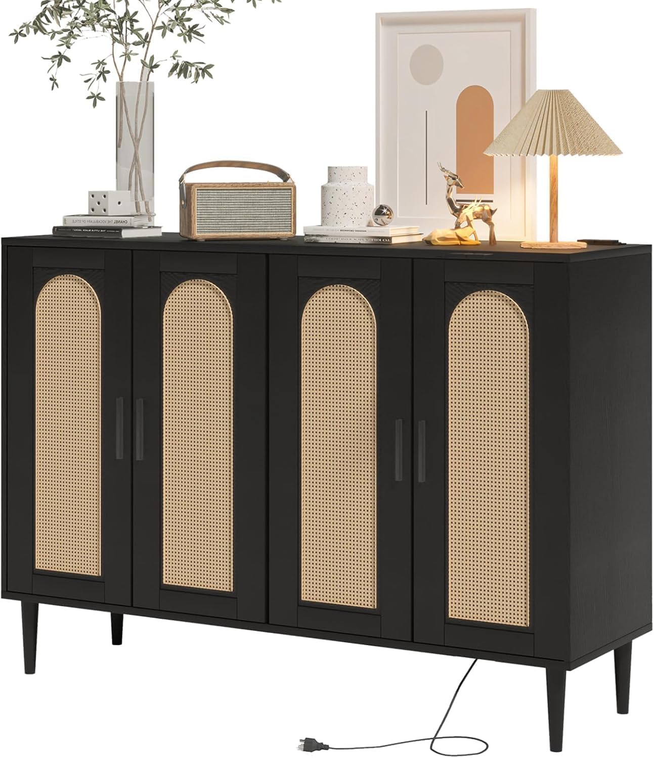 Patikuin Rattan Sideboard Buffet Cabinet, Boho Accent Storage Cabinet, 4 Doors Console Table Coffee Bar with Power Outlet, Adjustable Shelves for Kitchen, Dining Room, Hallway, Living Room (Black_2)