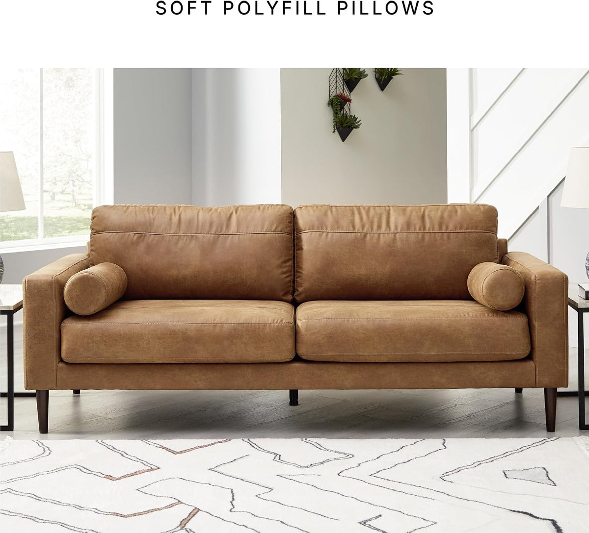 Signature Design by Ashley Telora Faux Leather 3 Seater Sofa Couch, Caramel | Medium plush fiber-wrapped foam seating, Track arms, Loose back cushions, Mid-century modern style