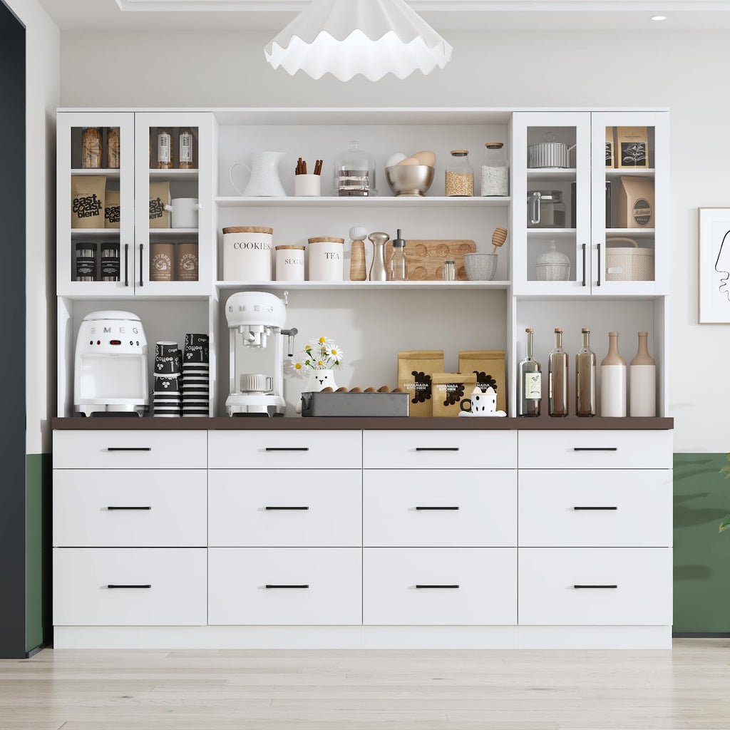 ECACAD 94.5" W Kitchen Pantry with Countertop, 12 Drawers & 4 Glass Doors, Modern Wooden Cupboard Storage Cabinet with 6 Hidden Shelves & 4 Open Shelves for Dining Room, White