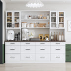 ECACAD 94.5" W Kitchen Pantry with Countertop, 12 Drawers & 4 Glass Doors, Modern Wooden Cupboard Storage Cabinet with 6 Hidden Shelves & 4 Open Shelves for Dining Room, White