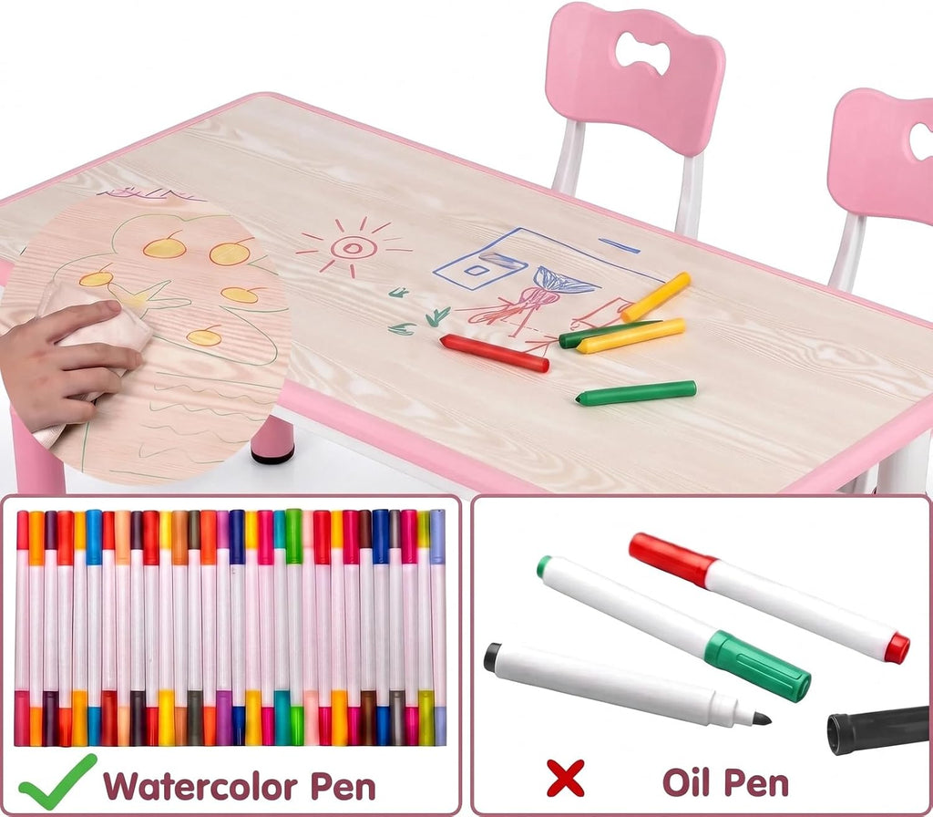 Arlopu Kids Table and 4 Chairs, Height Adjustable Toddler Desk & Chair Set, Anti-Slip Legs, Graffiti Desktop, Children Large Multi-Activity Table with 47.2" x 23.6", Classroom, Homes, Daycares (Pink)
