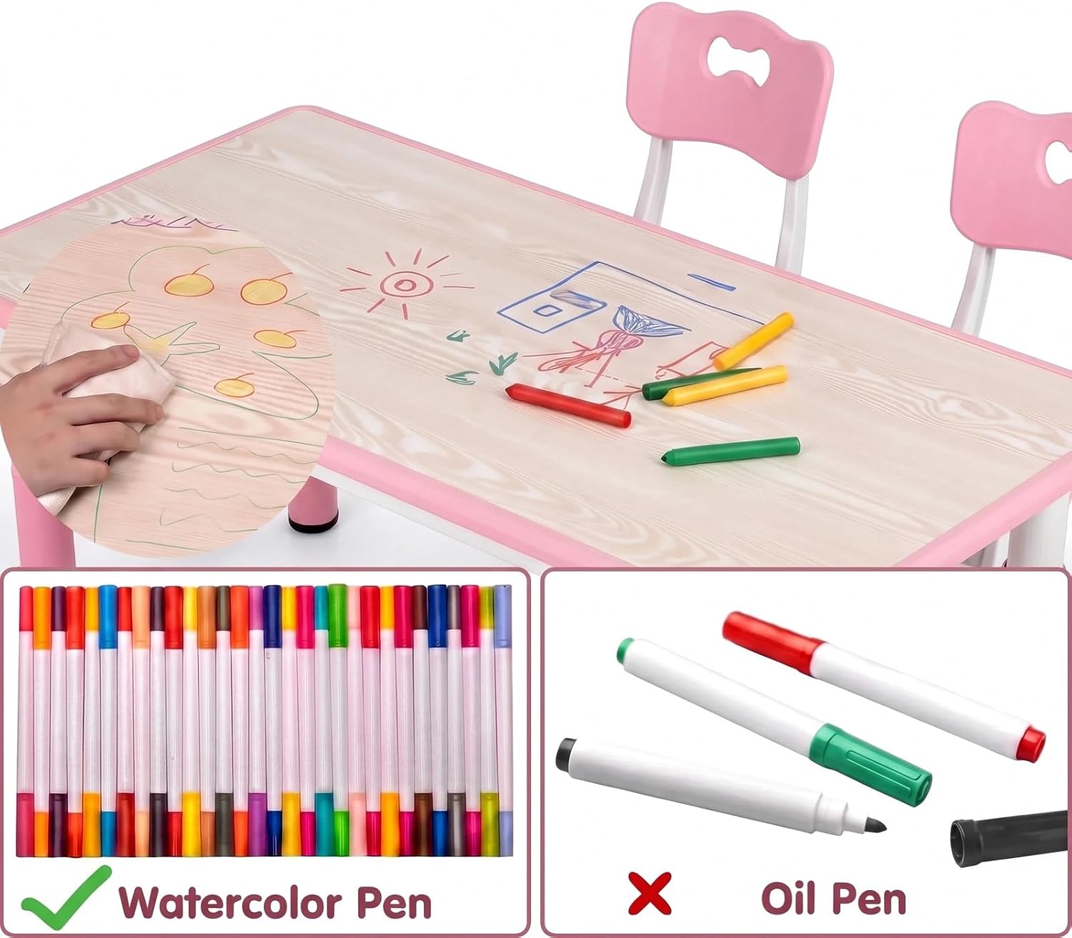 Arlopu Kids Table and 4 Chairs, Height Adjustable Toddler Desk & Chair Set, Anti-Slip Legs, Graffiti Desktop, Children Large Multi-Activity Table with 47.2" x 23.6", Classroom, Homes, Daycares (Pink)