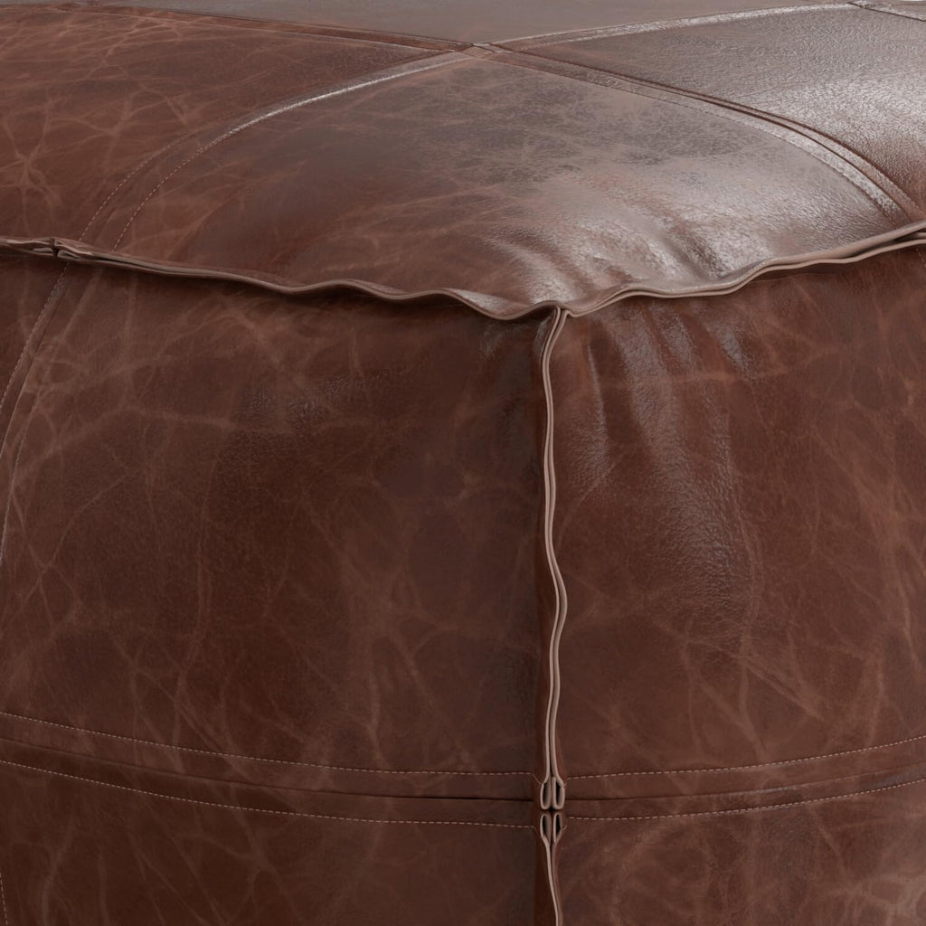SIMPLIHOME Brody 26" Wide Genuine Leather Square Pouf in Distressed Brown | Distressed brown boho footrest, coffee table and extra seating for living room, assembled; floor cushion or accent seat.