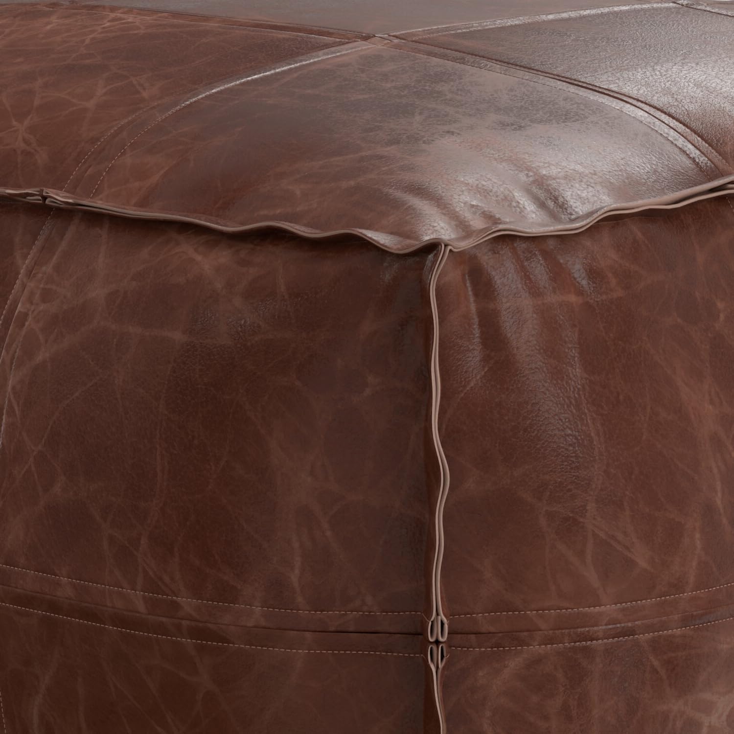 SIMPLIHOME Brody 26" Wide Genuine Leather Square Pouf in Distressed Brown | Distressed brown boho footrest, coffee table and extra seating for living room, assembled; floor cushion or accent seat.