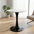 27.6" Marble Round Tulip Table, Mid-Century Modern Style Dining Table with Black Pedestal Base for 2-4 People, Featuring A Marble Tabletop for Kitchen, Dining Room, Cafe (White)