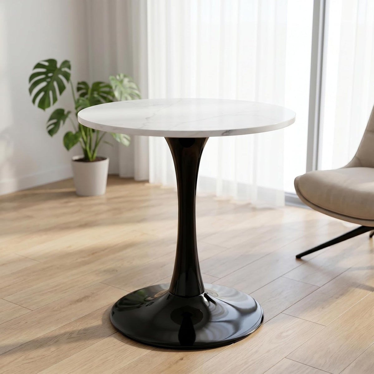 27.6" Marble Round Tulip Table, Mid-Century Modern Style Dining Table with Black Pedestal Base for 2-4 People, Featuring A Marble Tabletop for Kitchen, Dining Room, Cafe (White)