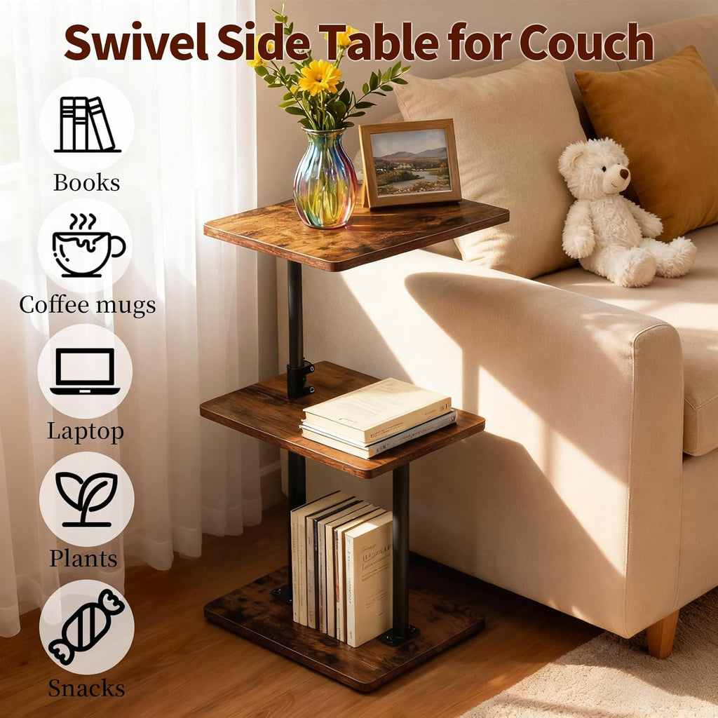 Swivel Side Table Adjustable Height, 3-Tier End Table with 360°Rotatable Tray, Space Saving Nightstand with Storage Shelf for Small Spaces, Living Room, Bedroom