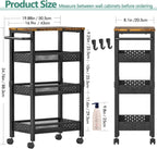 Vivihomety 4-Tier Laundry Utility Rolling Cart with Wheels, Metal | Narrow 8.1" wide, lockable wheels, wood top panel, metal frame, for laundry room, small spaces, pantry, tight gaps, Black