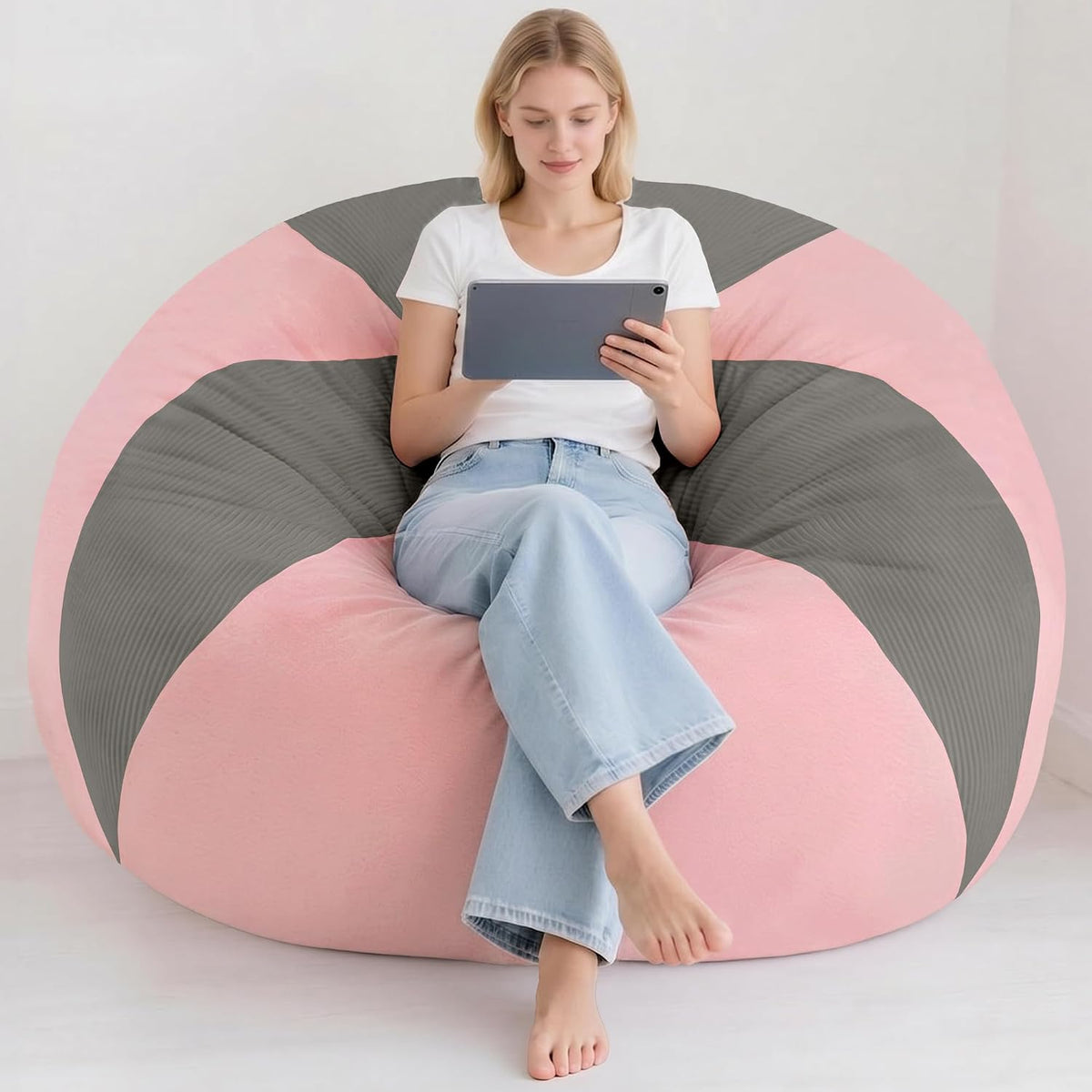 Homguava 6FT Bean Bag Chairs for Adult Teardrop Bean Bag with Memory Foam | Bean Bags with Handy Handle and Washable Cover for Living Room, Bedroom (Corduroy Light Grey/Pink)
