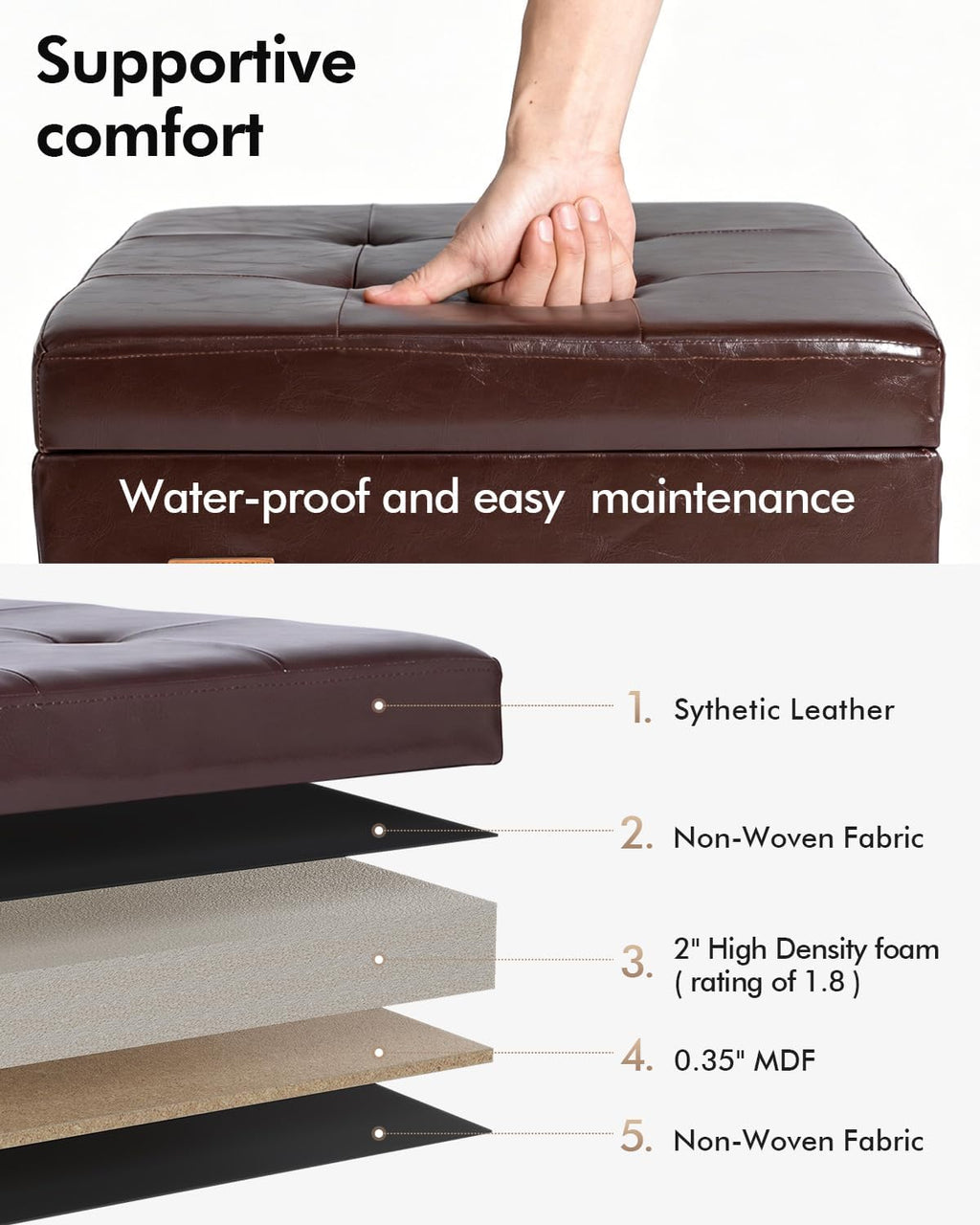 ABHENG Steel Frame Square Ottoman with Storage Antique Brown UASND63R | 17.7" x 17.7" x 17.7", Hold 660 lbs, 48L Storage Capacity, Waterproof Synthetic Leather, Removable Lid, for Dorm Living Room