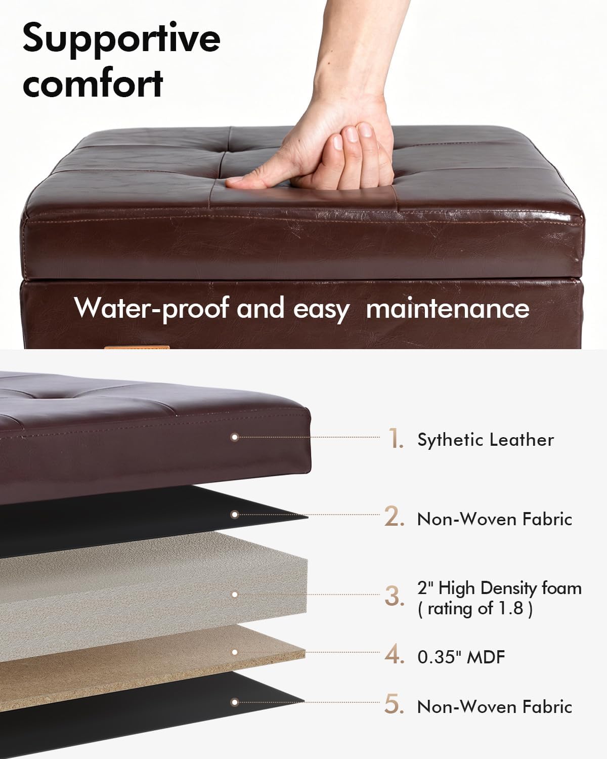 ABHENG Steel Frame Square Ottoman with Storage Antique Brown UASND63R | 17.7" x 17.7" x 17.7", Hold 660 lbs, 48L Storage Capacity, Waterproof Synthetic Leather, Removable Lid, for Dorm Living Room