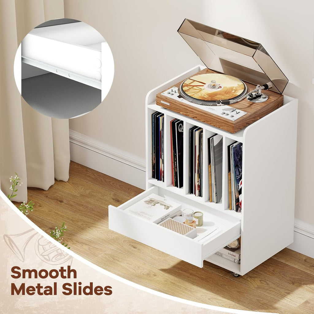 Giantex Record Player Stand, Rolling Turntable Stand with Drawer & Lockable Wheels, Record Player Table Holds Up to 150 Albums, Vinyl Record Storage for Living Room Bedroom, White