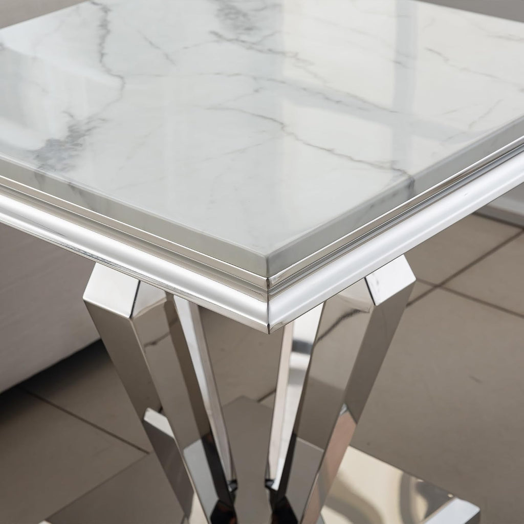 Faux Marble End Table, 23" Square White End Table with Faux Faux Marble Tabletop, Modern Sofa Side Table with Silver Stainless Steel Base & Mirrored Finish for Office Living Room
