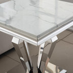 Faux Marble End Table, 23" Square White End Table with Faux Faux Marble Tabletop, Modern Sofa Side Table with Silver Stainless Steel Base & Mirrored Finish for Office Living Room