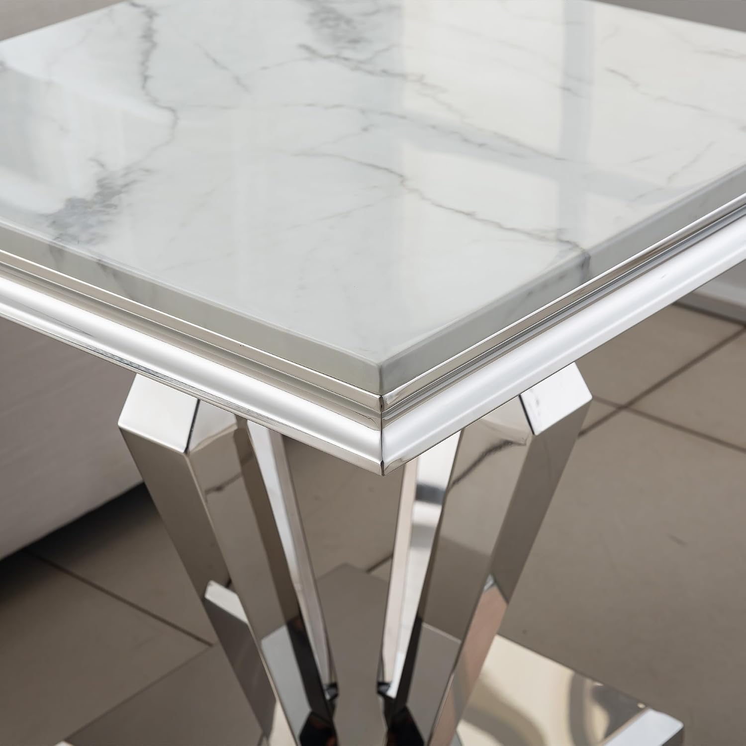 Faux Marble End Table, 23" Square White End Table with Faux Faux Marble Tabletop, Modern Sofa Side Table with Silver Stainless Steel Base & Mirrored Finish for Office Living Room