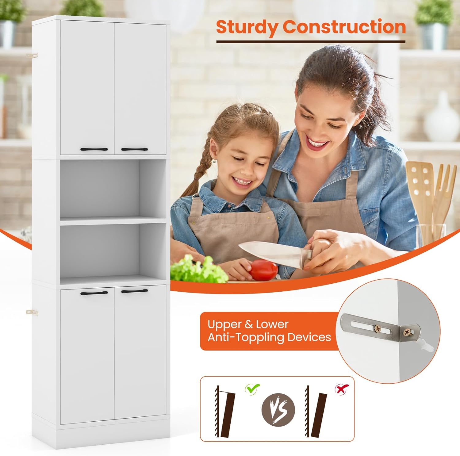 Giantex Kitchen Pantry Cabinet, 75” Tall Freestanding Cupboard with Doors & Shelves, Safety Hinges & Anti-Tipping Devices, Storage Sideboard for Dining Room, Living Room (White)