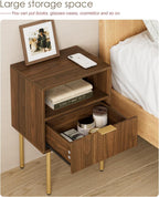 Nightstand,Small Bedside Table with Gold Frame,Walnut Night Stand,Bedside Furniture,Side Table with Drawer and Shelf for Bedroom,Living Room (1Drawer, Walnut)