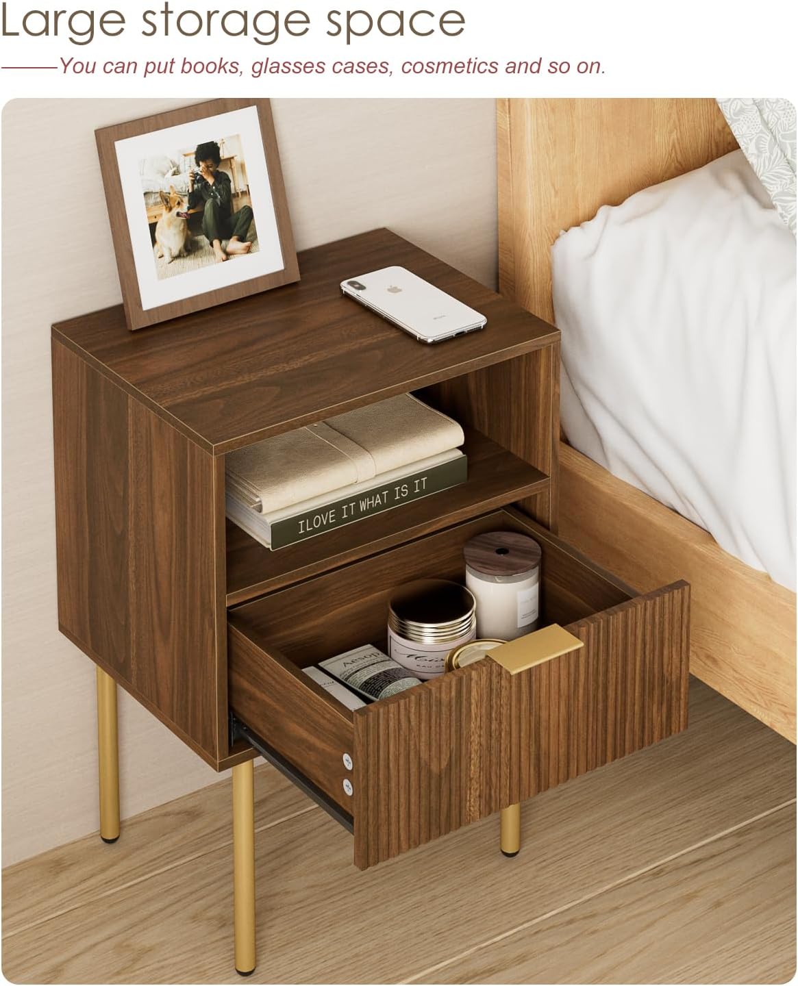 Nightstand,Small Bedside Table with Gold Frame,Walnut Night Stand,Bedside Furniture,Side Table with Drawer and Shelf for Bedroom,Living Room (1Drawer, Walnut)
