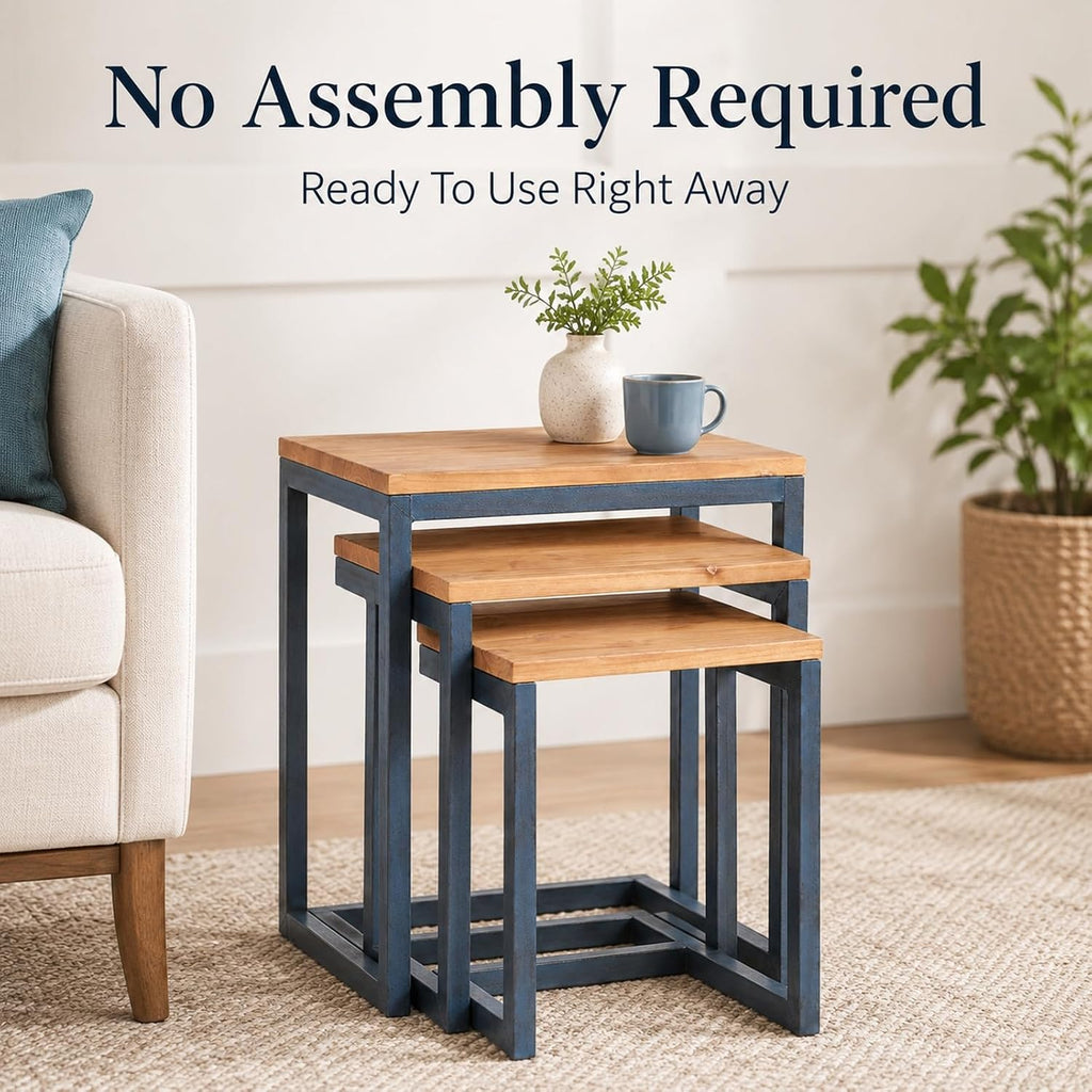 Nesting Table Set of 3, Firwood Tops and Iron Frames | Firwood tops and iron frames, 3-piece nesting table set for living rooms