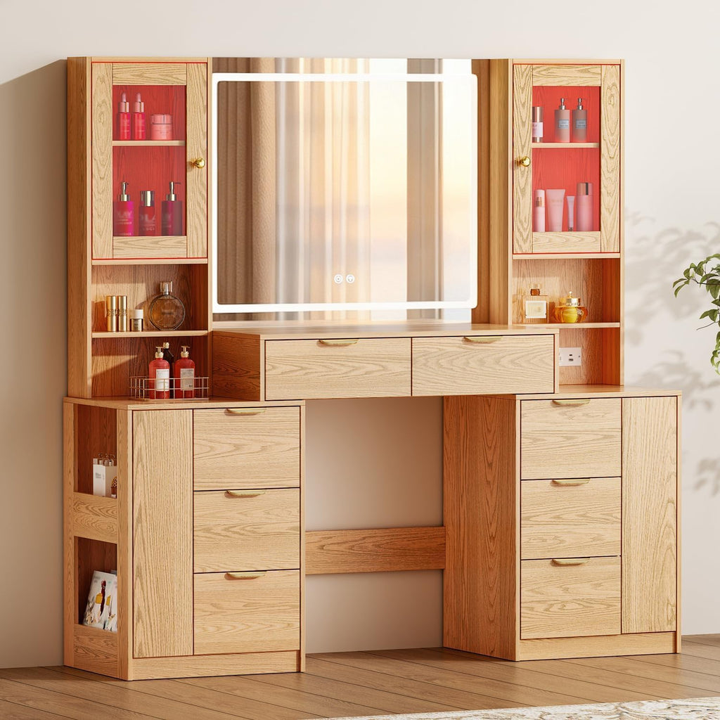 Chrangmay 55.4" Big Modern Vanity Desk with Mirror and Lights,Makeup Vanity Desk with 8 Drawers and Storage Shelves & Power Outlet,RBP Glass Cabinets, Oak