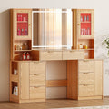 Chrangmay 55.4" Big Modern Vanity Desk with Mirror and Lights,Makeup Vanity Desk with 8 Drawers and Storage Shelves & Power Outlet,RBP Glass Cabinets, Oak