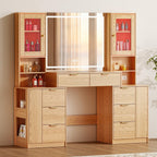 Chrangmay 55.4" Big Modern Vanity Desk with Mirror and Lights,Makeup Vanity Desk with 8 Drawers and Storage Shelves & Power Outlet,RBP Glass Cabinets, Oak