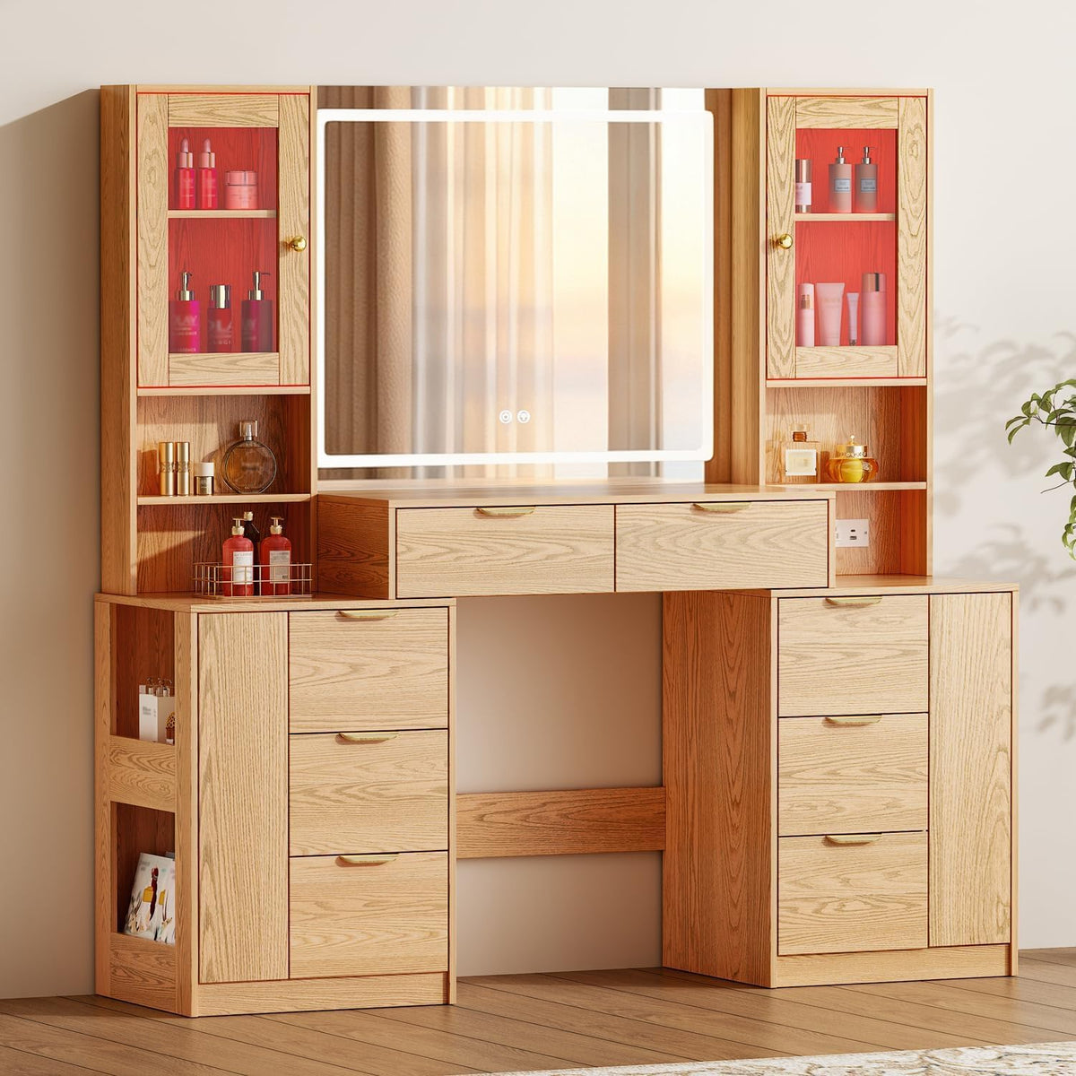 Chrangmay 55.4" Big Modern Vanity Desk with Mirror and Lights,Makeup Vanity Desk with 8 Drawers and Storage Shelves & Power Outlet,RBP Glass Cabinets, Oak