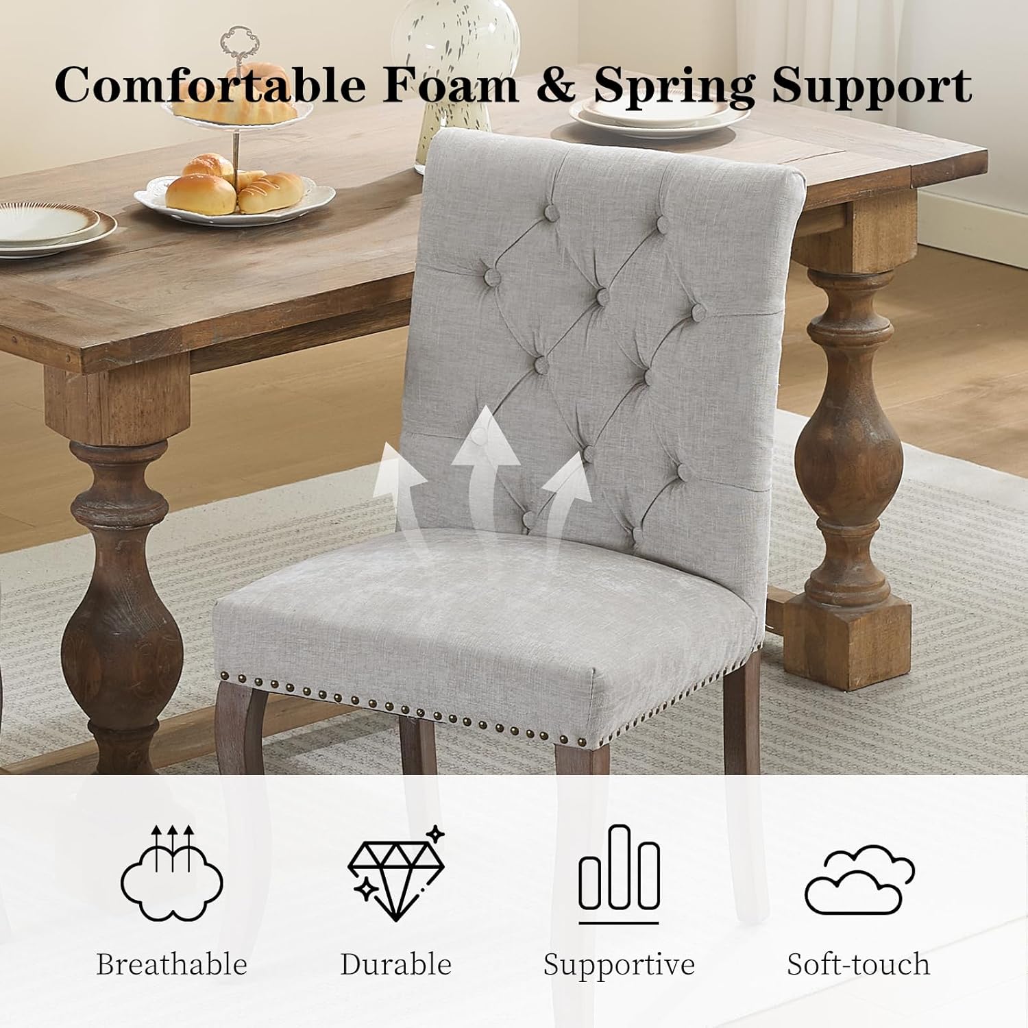 Modern Dining Chairs Set of 6, Upholstered Accent Parsons Dinning Chairs with Tufted Back and Solid Wood Legs, Comfortable Chenille Fabric Kitchen Chairs for Dining Room/Kitchen, Beige