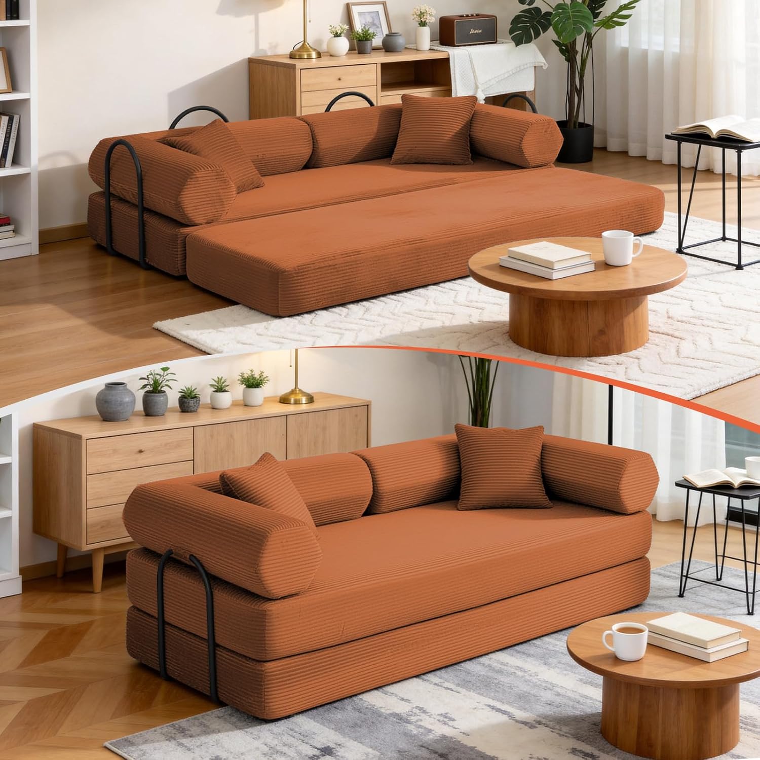 79" Corduroy Sofa Bed, Couch in a Box with 2 Pillows, High-Density Foam 4-in-1 Foldable Sleeper Futon Loveseat for Small Spaces, No Assembly, Side Pockets, Hex Arm Orange