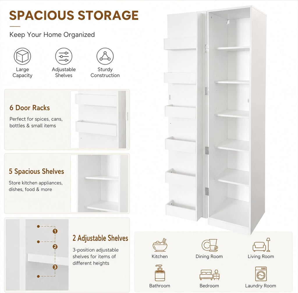 Narrow Kitchen Pantry Cabinet, 70.3" Tall Storage Cabinet with Door Racks and Adjustable Shelves, Slim Freestanding Pantry Cupboard for Kitchen, Bathroom and Small Spaces, White