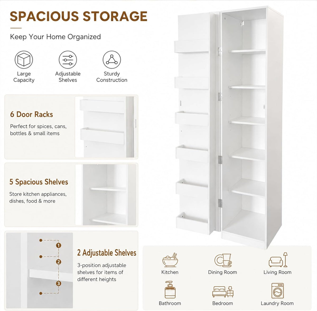 Narrow Kitchen Pantry Cabinet, 70.3" Tall Storage Cabinet with Door Racks and Adjustable Shelves, Slim Freestanding Pantry Cupboard for Kitchen, Bathroom and Small Spaces, White
