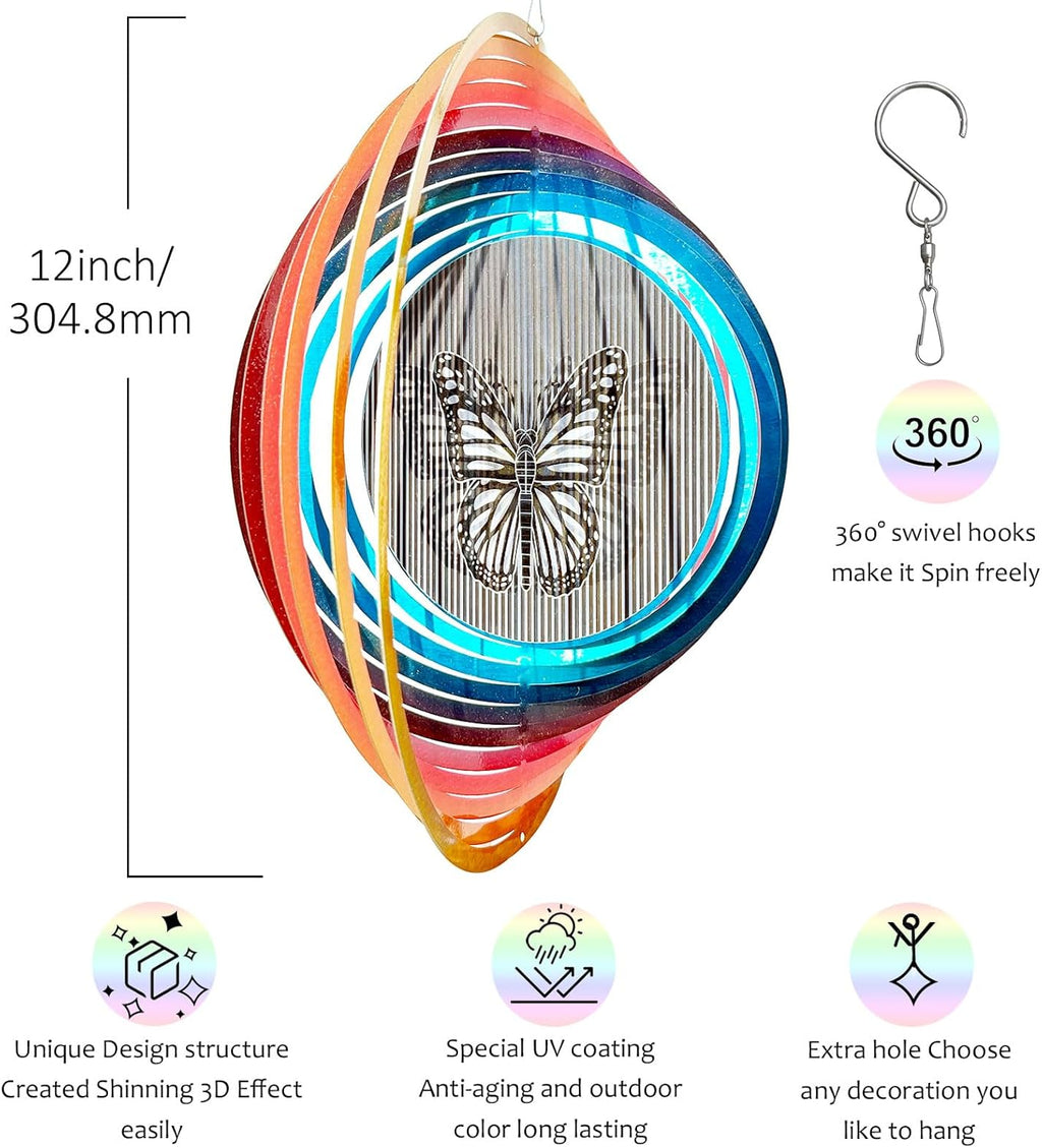Wind Spinner Creates a Fluttering Butterfly 3D Animations Effect,Wind Spinners Ouddoor Butterfly Gift for Women/Grandma/Mom/Wife,12inch Mandala Wind Spinner Hanging Garden Yard Art Decor