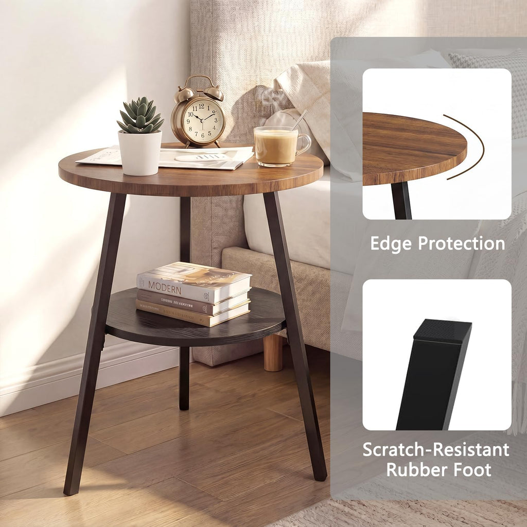 Round End Table, 2-Tier Side Table with Storage Shelf for Small Spaces, Nightstand for Living Room, Bedroom, Metal Frame & Wood Top, Walnut