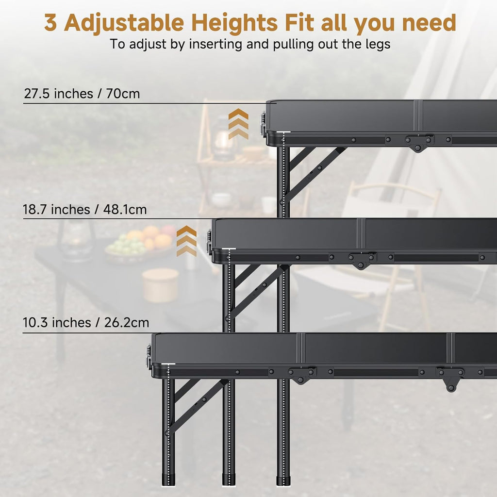 Folding Camping Table, 34.2"x15.7" 3 Adjustable Height Max 27.5" | Picnic Table Matte Black Aluminum Folding Table with Handle for Party, Dining, Garden, Patio, Market