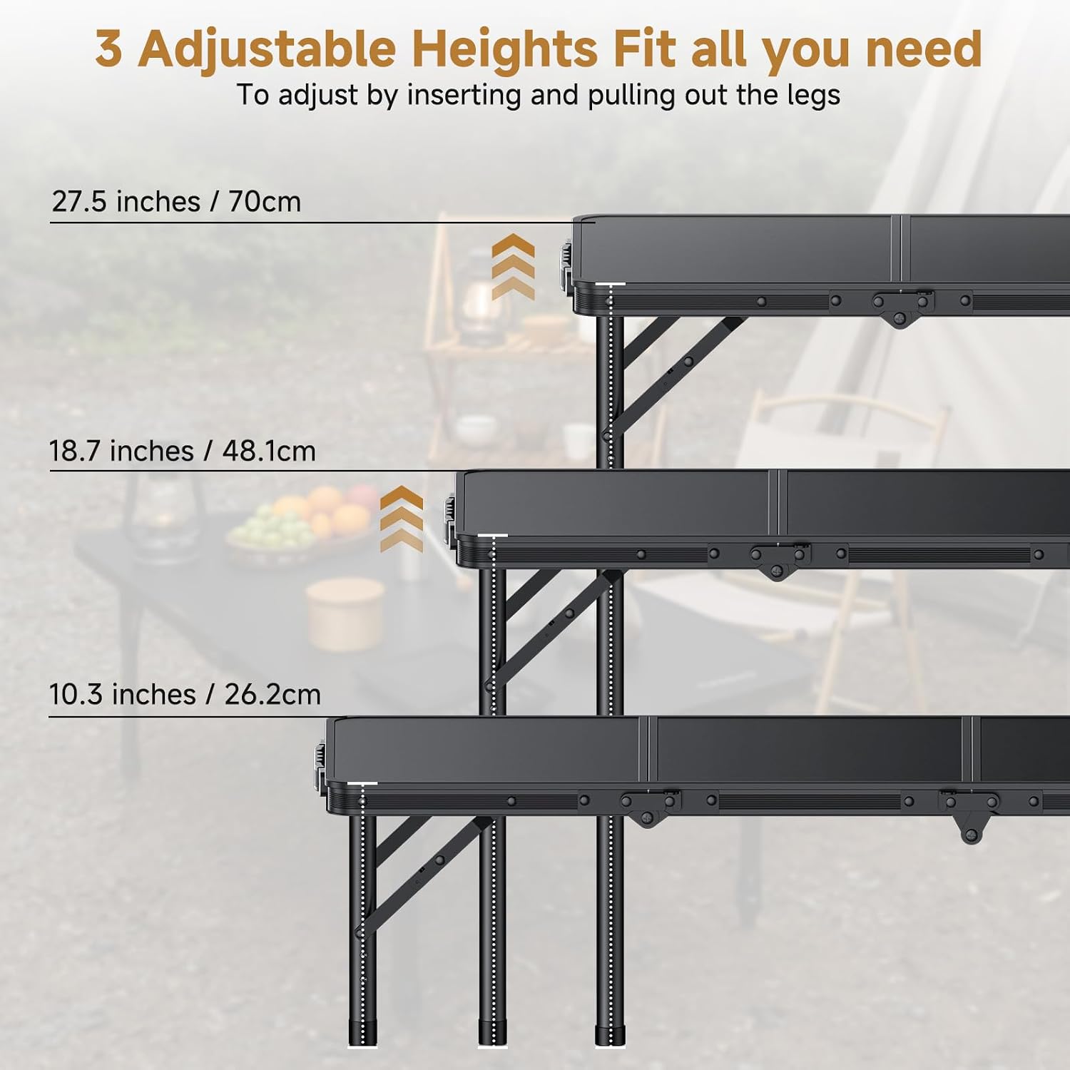 Folding Camping Table, 34.2"x15.7" 3 Adjustable Height Max 27.5" | Picnic Table Matte Black Aluminum Folding Table with Handle for Party, Dining, Garden, Patio, Market