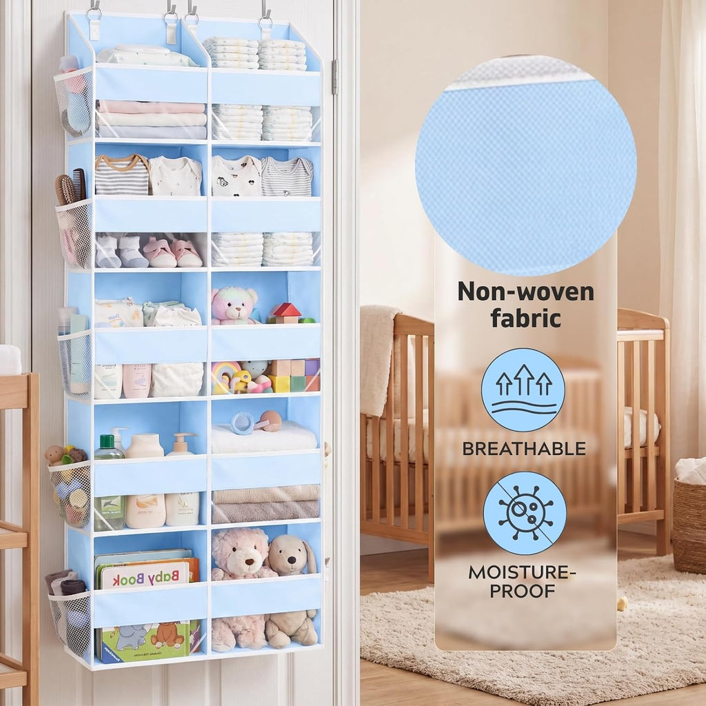 Blue Over the Door Organizer 5 Tiers, Extra Large Behind Door Storage of 10 Compartments, 80 lbs Weight Capacity Hanging Storage Organizer with Clear Window Kids Toys, Shoes, Diapers, Room storage