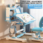 Kids Study Desk Chair Set for 3-18 Years Old, Height Adjustable Children School Study Table Chair Set with Sitting Corrector, Ergonomic Desk Chair with Book Stand, Foot Pedal Blue