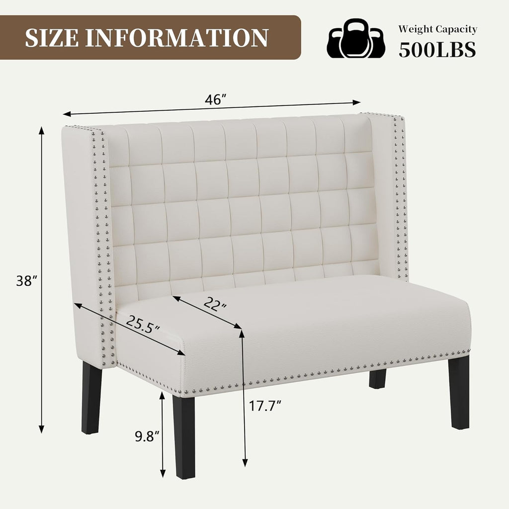 White Faux Leather Loveseat Settee, Modern Tufted Upholstered Bench with Back for Kitchen Dining Room Living Room, High Back Banquette Seating Sofa Couch with Wood Legs